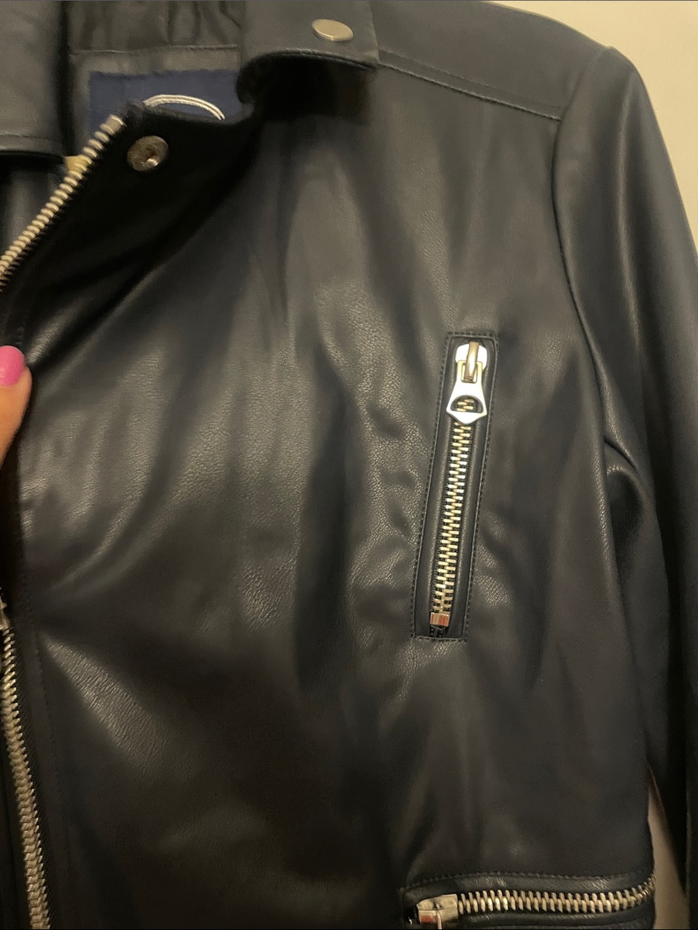 Women's Navy faux Leather Moto Jacket - Sleek Zip-Front Biker - Picture 4 of 9